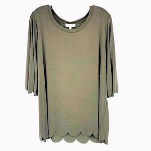 NWT Umgee Olive 3/4 Sleeve Scoop Neck Cupro Top Scalloped Tim Size XL